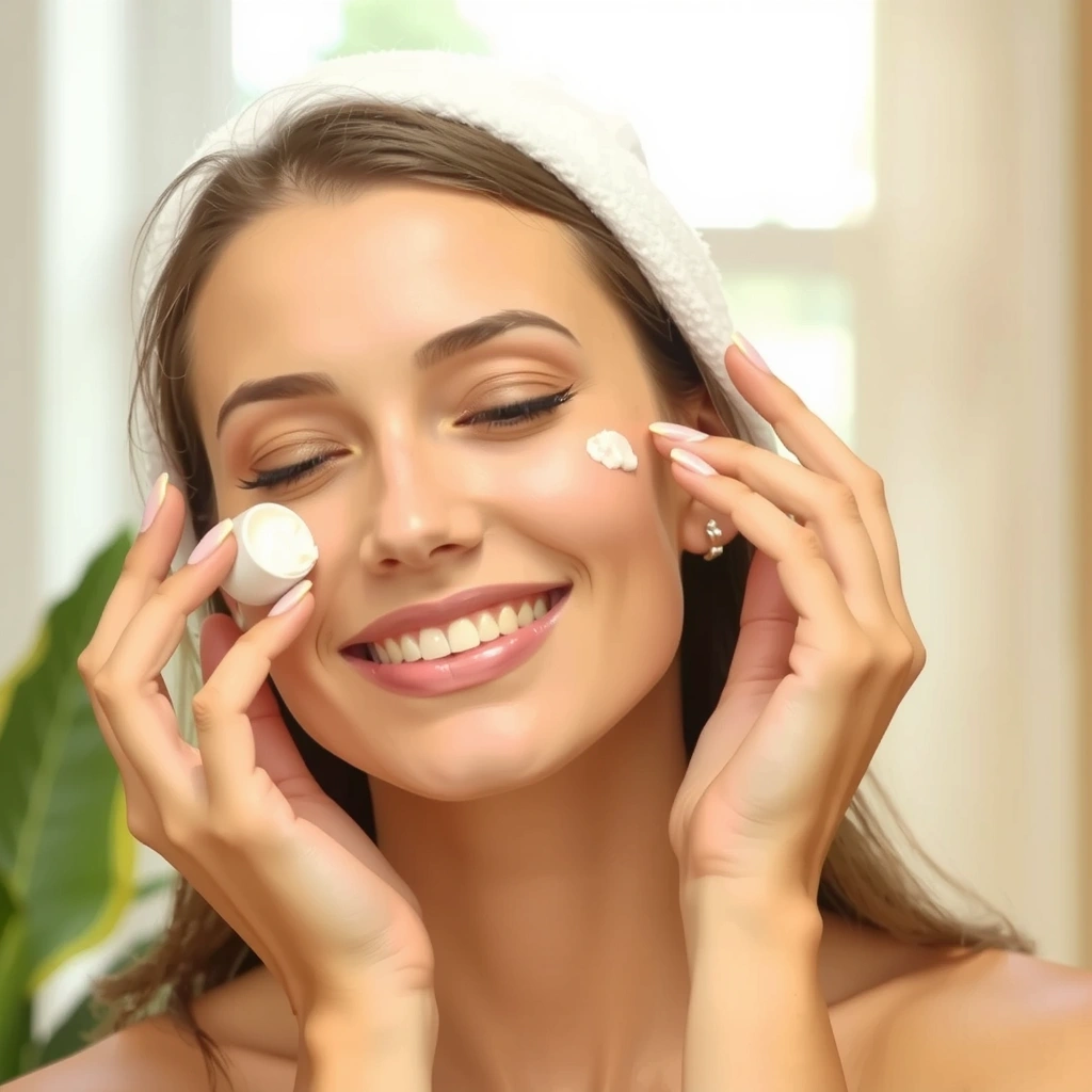 Radiant woman applying face cream